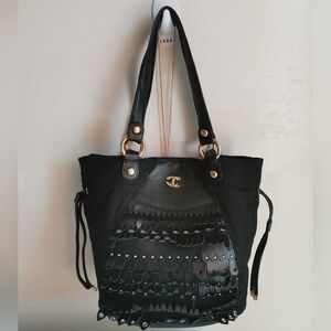 JUST CAVALI BLACK FABRIC AND LEATHER PURSE